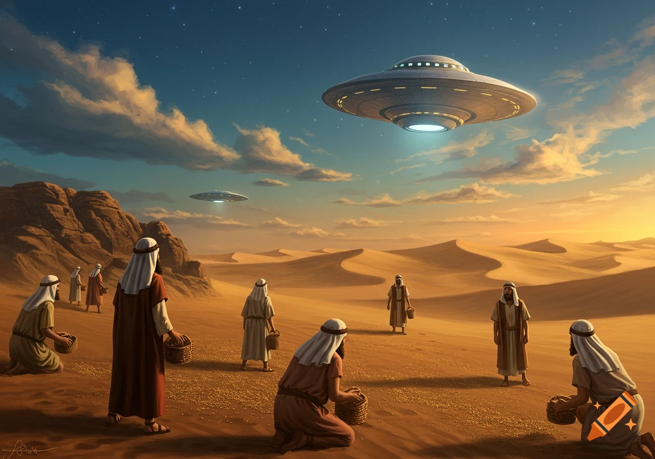 Ancient people in a desert collect food from the ground while two UFOs hover in the sky at sunset, digital painting.