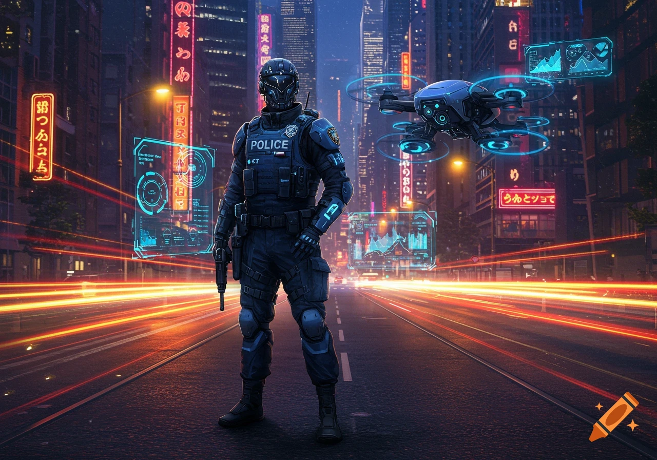 A futuristic police officer stands in a neon-lit cyberpunk city street with a drone and holographic displays.