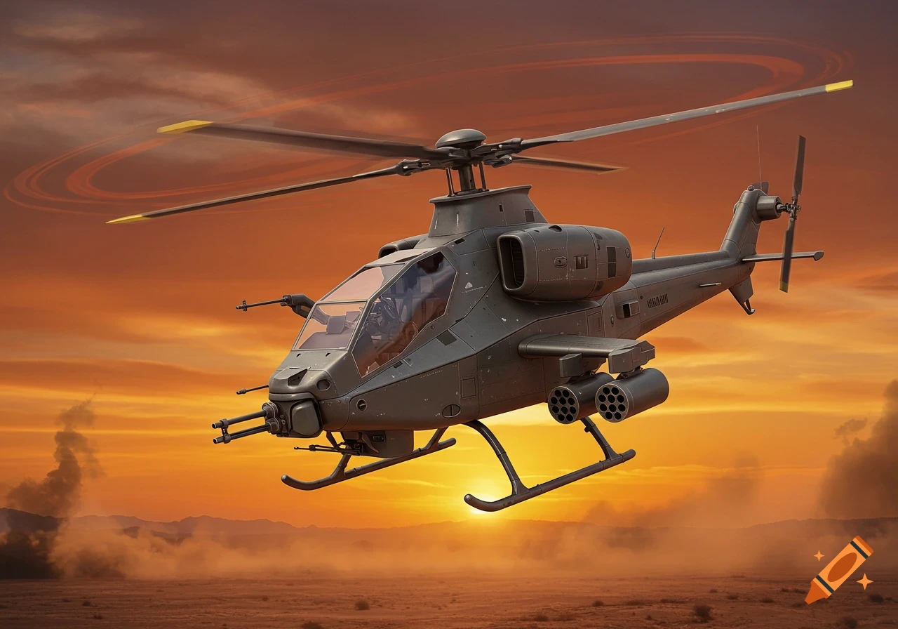 A dark grey attack helicopter with missile pods and guns, flying over a desert landscape with a vibrant orange sunset in the background.