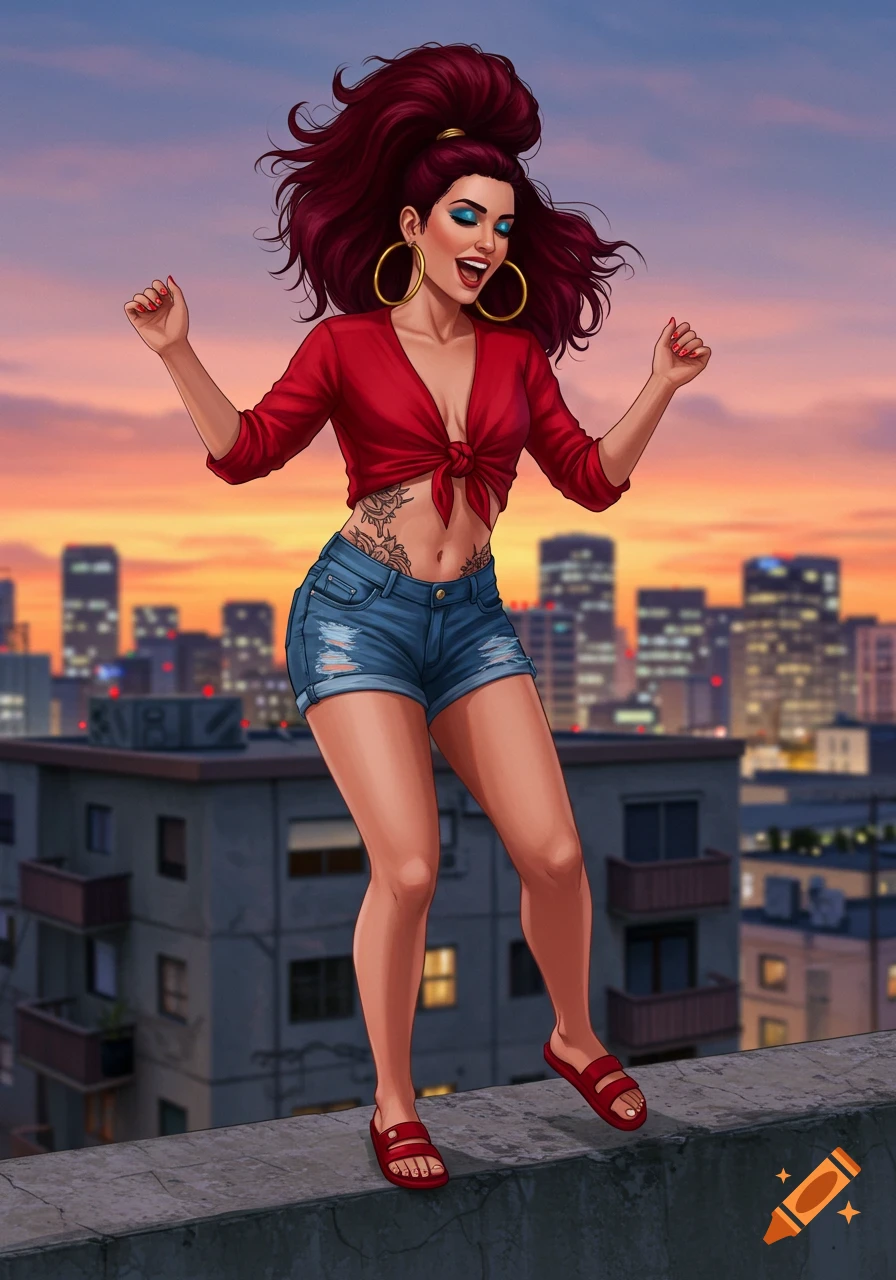 A happy woman with maroon hair and teal eyes dances on a city rooftop at sunset, in GTA V style.