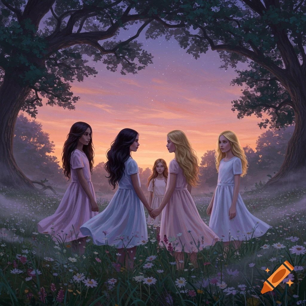 Five young girls in dresses stand in a meadow surrounded by wildflowers and large trees under a pastel sunset sky. Two girls with dark hair and two with blonde hair hold hands, while a fifth girl with reddish-brown hair stands behind them.