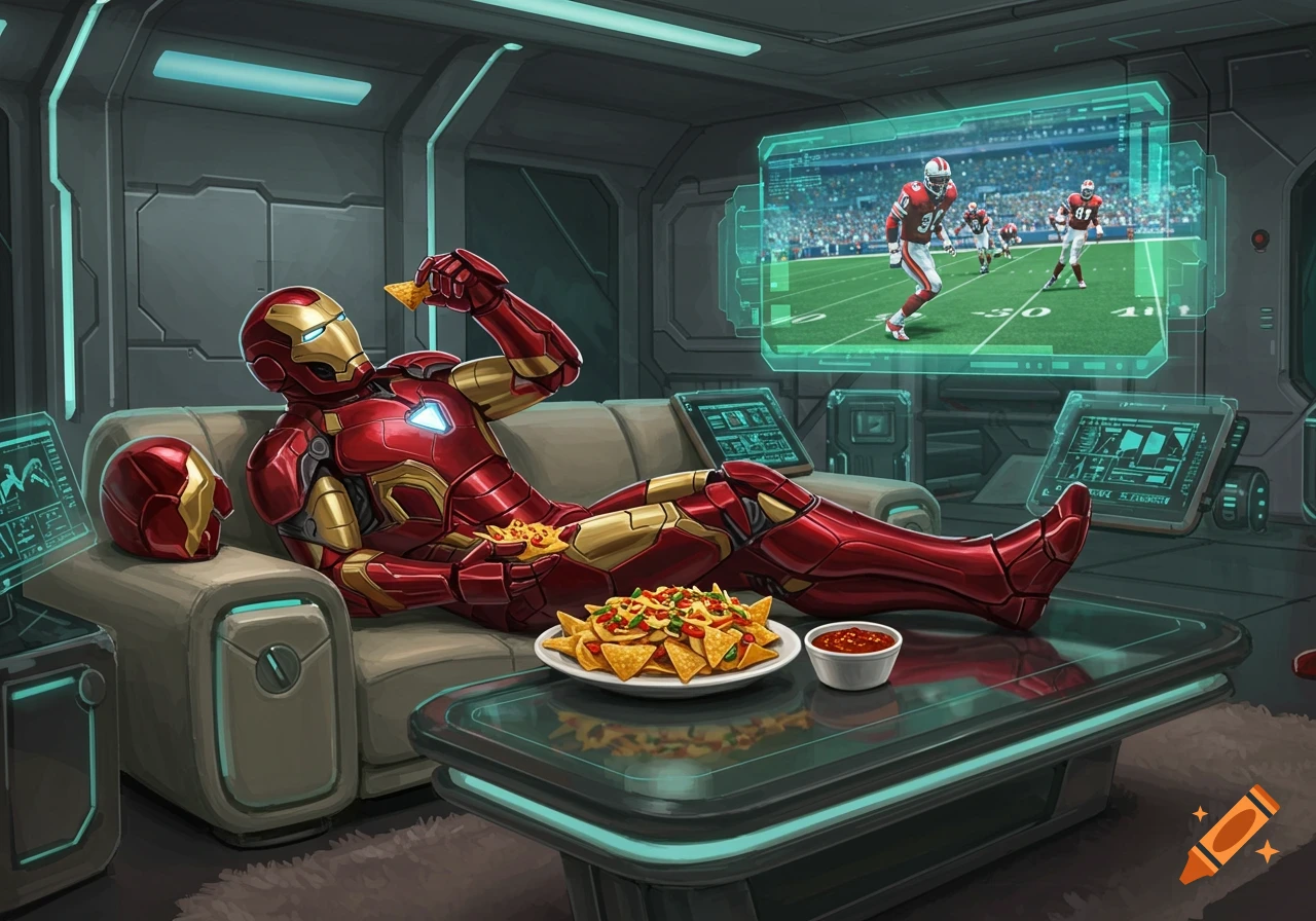 Iron Man in his suit lounges on a couch, eating nachos and watching a football game on a holographic screen in a futuristic room.