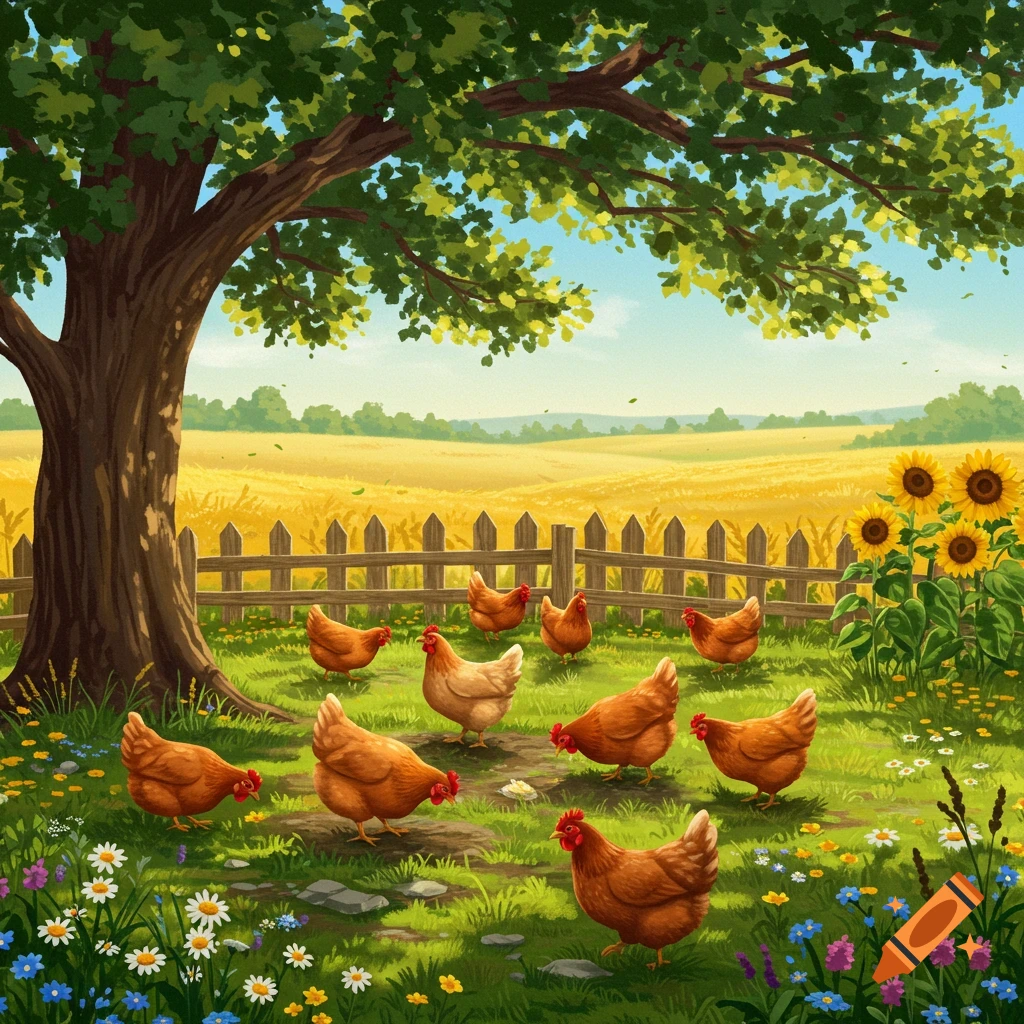 Brown chickens roam a vibrant green yard under a large tree, next to a wooden fence, a golden field, and sunflowers.
