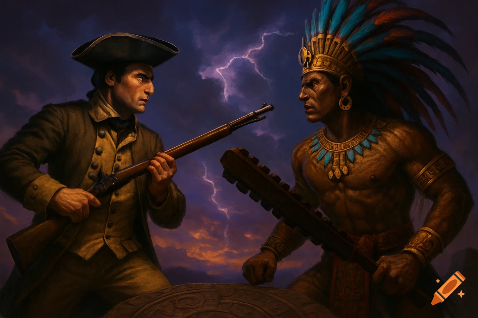 Dramatic illustration of an American Minuteman with a musket facing an Aztec warrior with a club under a lightning-filled sky.