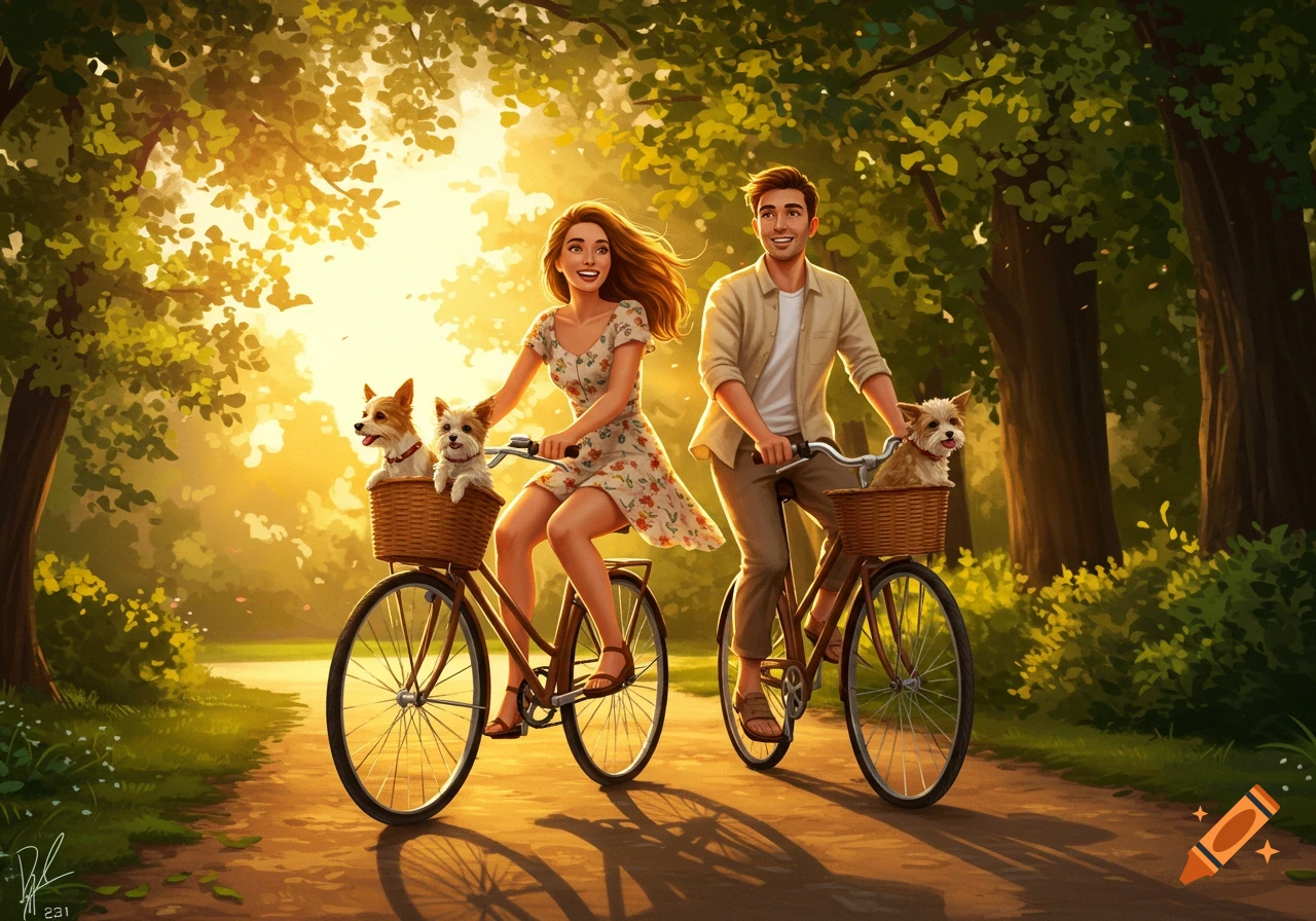 A smiling couple on bicycles with dogs in baskets on a sunny park path in an illustrative style.