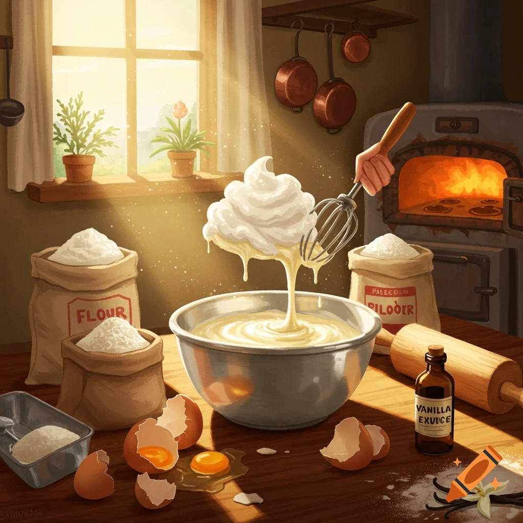 A detailed digital painting of a sunlit kitchen table with baking ingredients, a hand whisking batter, and an oven.