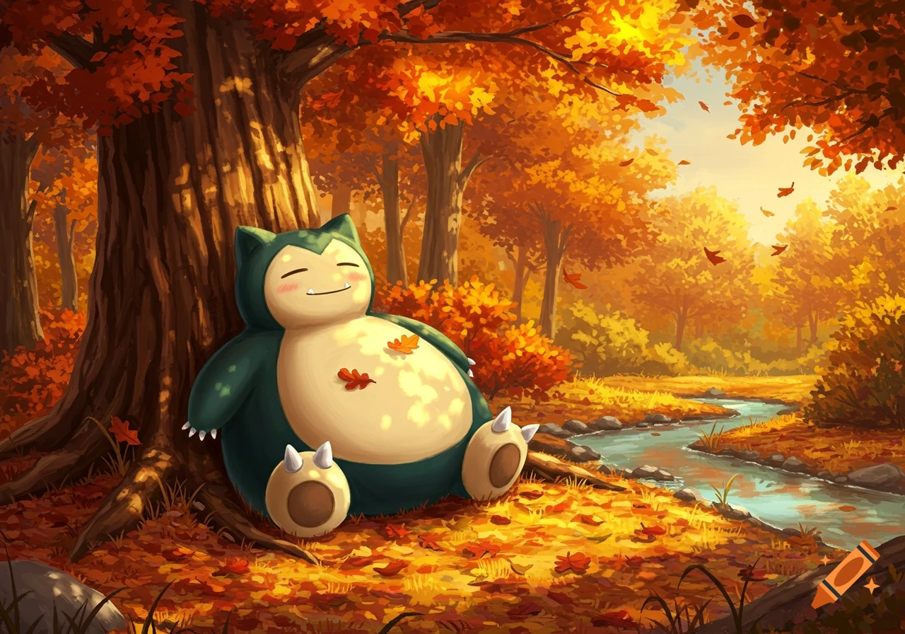 A vibrant illustration of Snorlax sleeping peacefully against a large tree in an autumn forest with falling orange leaves and a stream.