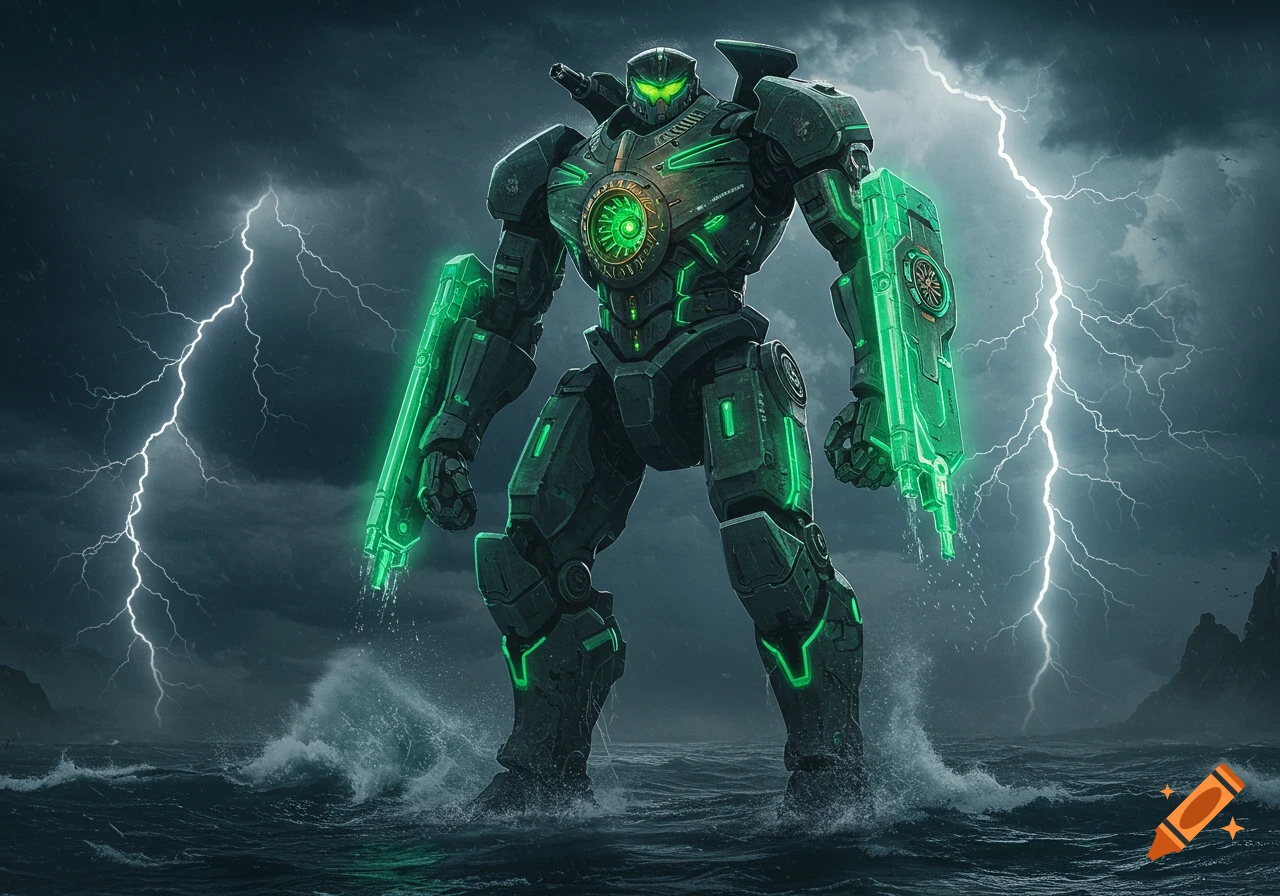 A towering dark robot with glowing green accents (Jaeger) stands in a stormy, lightning-filled sea, waves crashing around its legs.