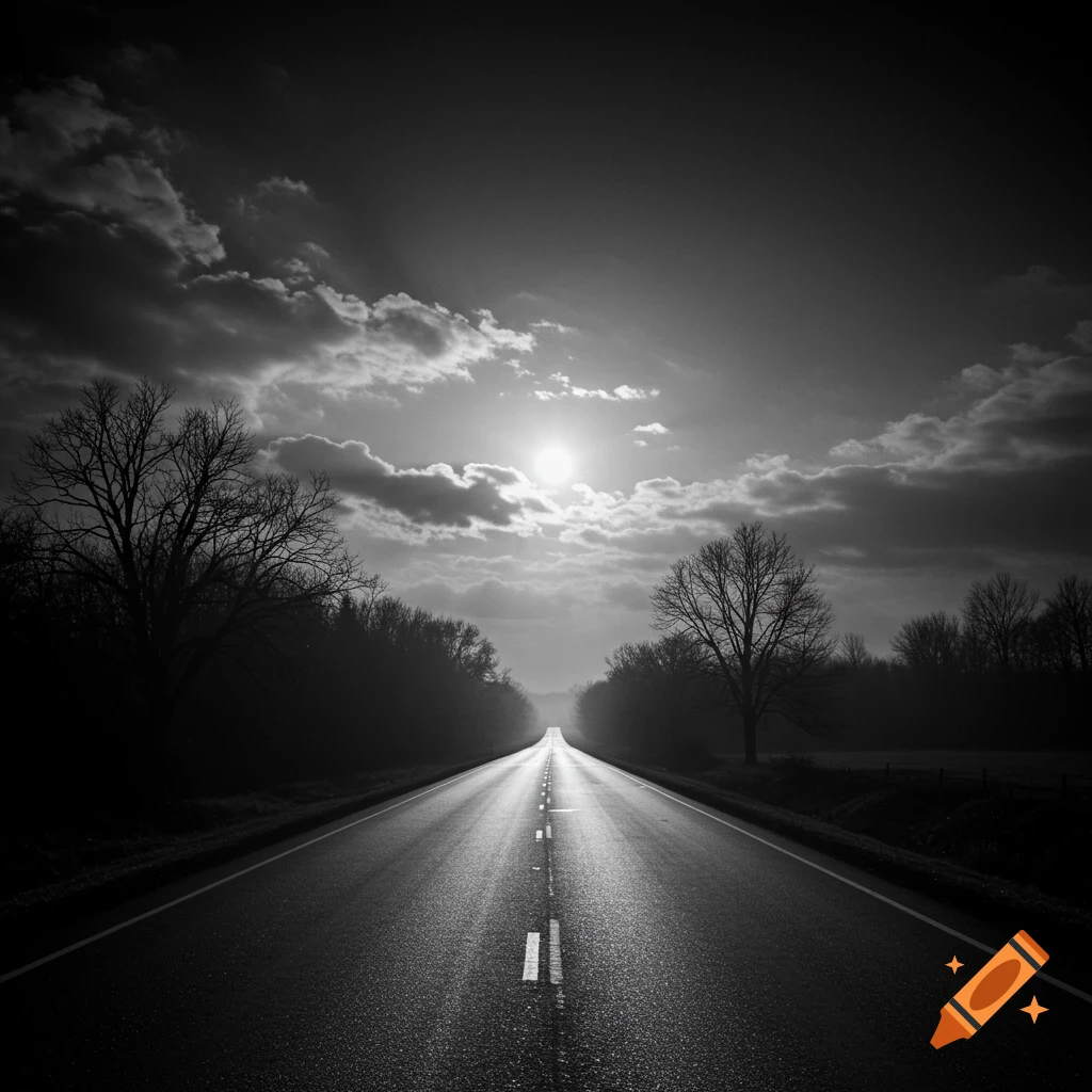 A dramatic black and white photograph of a long, empty road reflecting bright light from the sun/moon in a cloudy sky, flanked by bare trees.