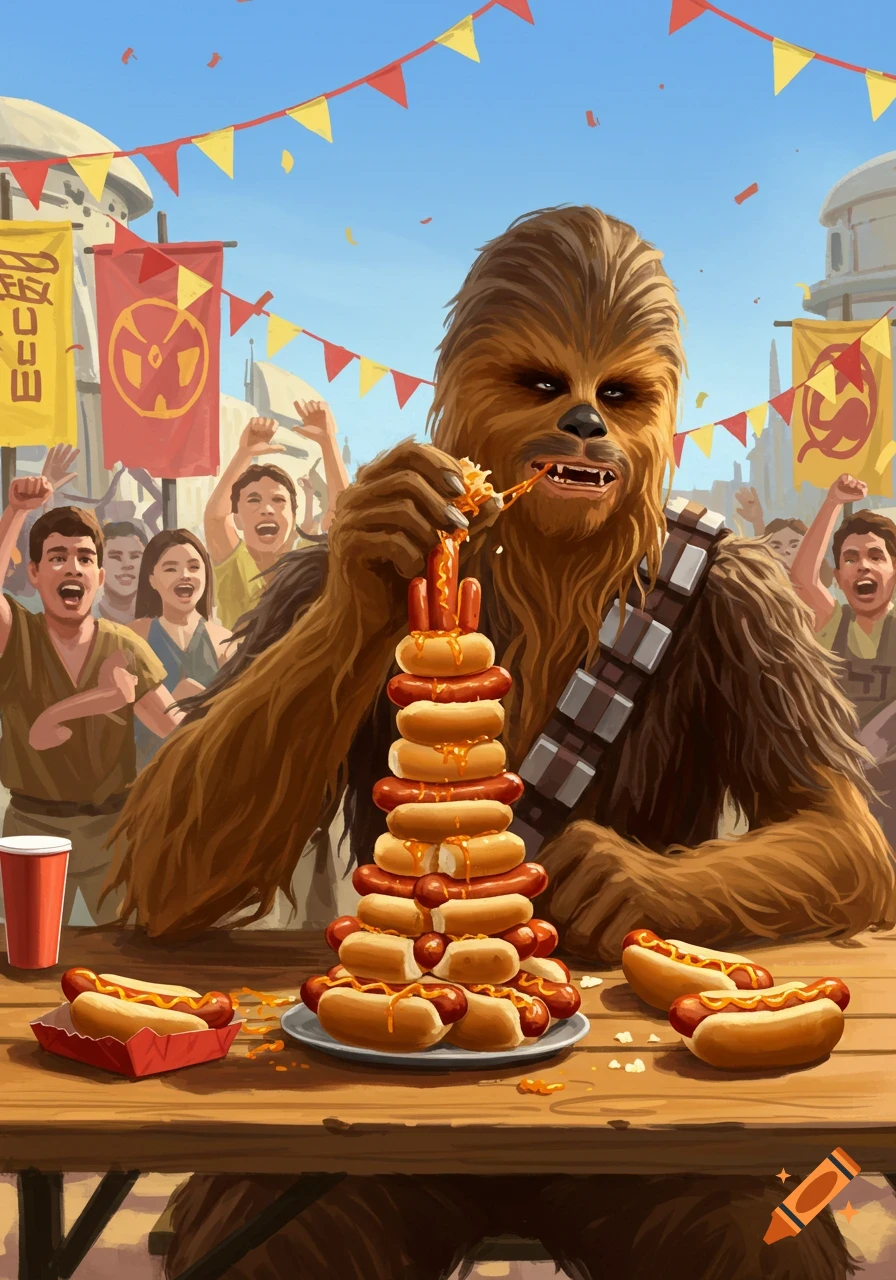 Chewbacca devours a towering stack of hot dogs at an eating contest, cheered on by a crowd under festive banners.