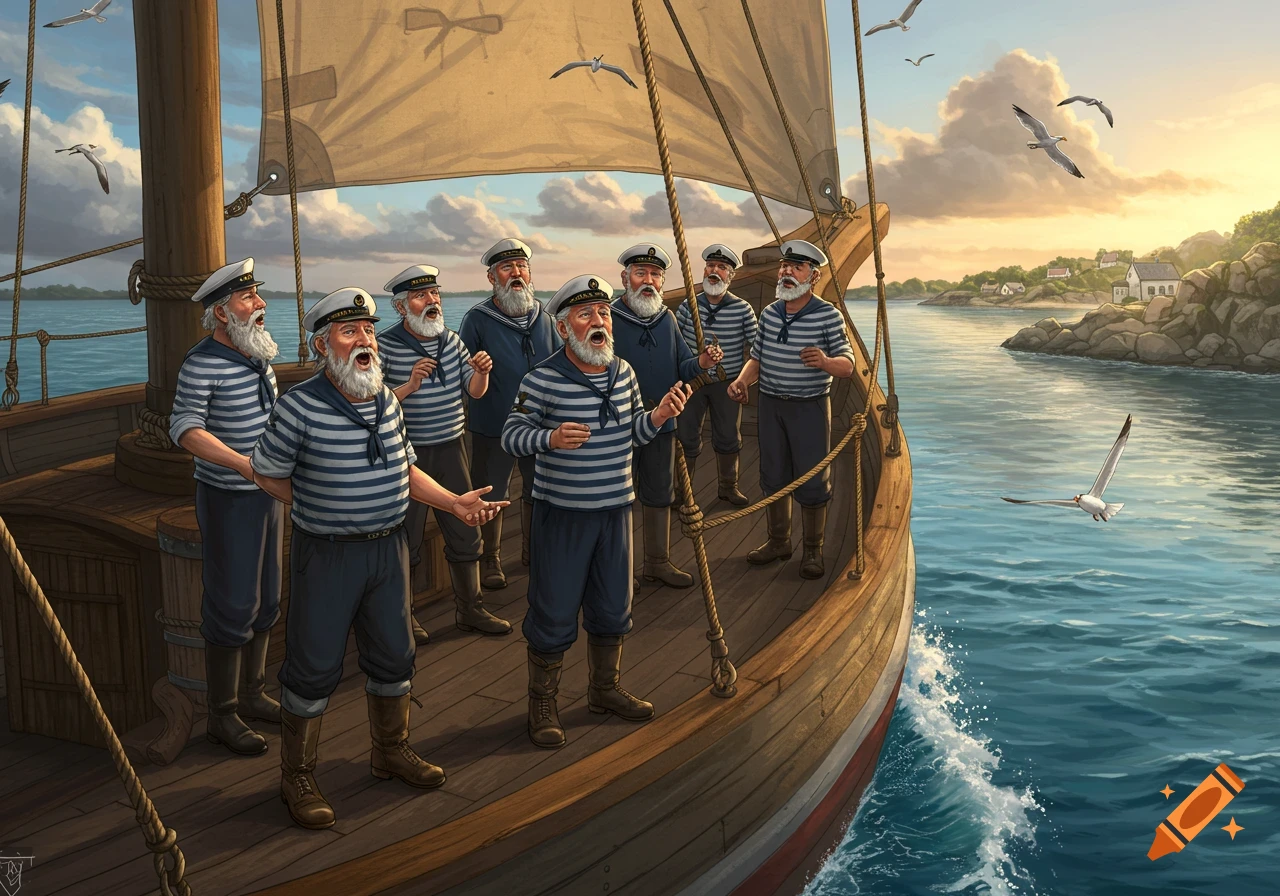 A group of bearded sailors in striped shirts and hats sing sea shanties on a wooden boat at sunset, with seagulls flying overhead.