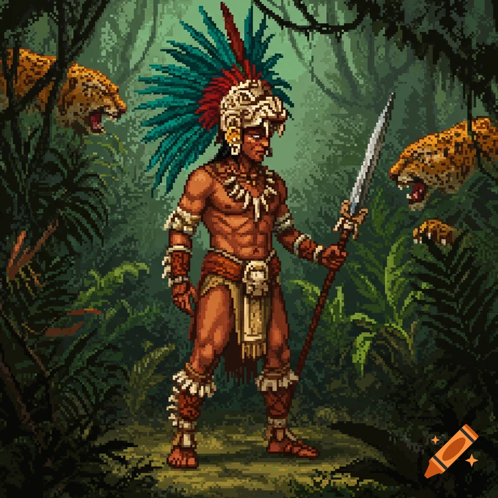 A highly detailed pixel art image of an Aztec warrior holding a spear in a lush jungle with jaguars.