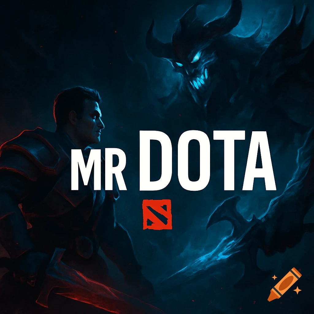 Cinematic digital art of a hero facing a demon in a dark, fantasy setting, with 'MR DOTA' and the Dota 2 logo.