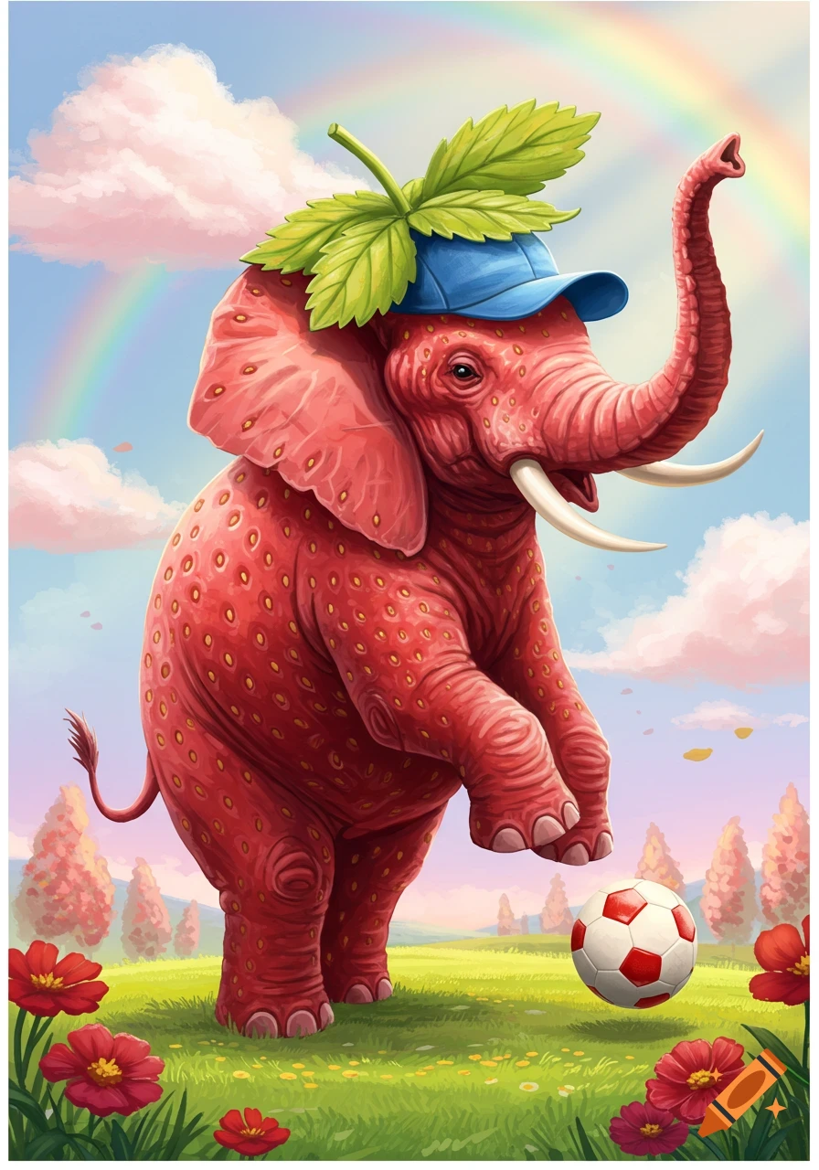 A whimsical red strawberry elephant with a blue baseball cap stands on two legs, kicking a soccer ball in a vibrant grassy field under a rainbow sky.