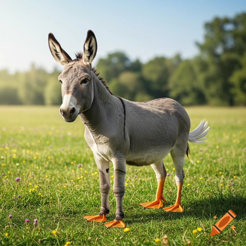 A photorealistic grey donkey with orange duck feet and a white feathery tail stands in a sunny green field.