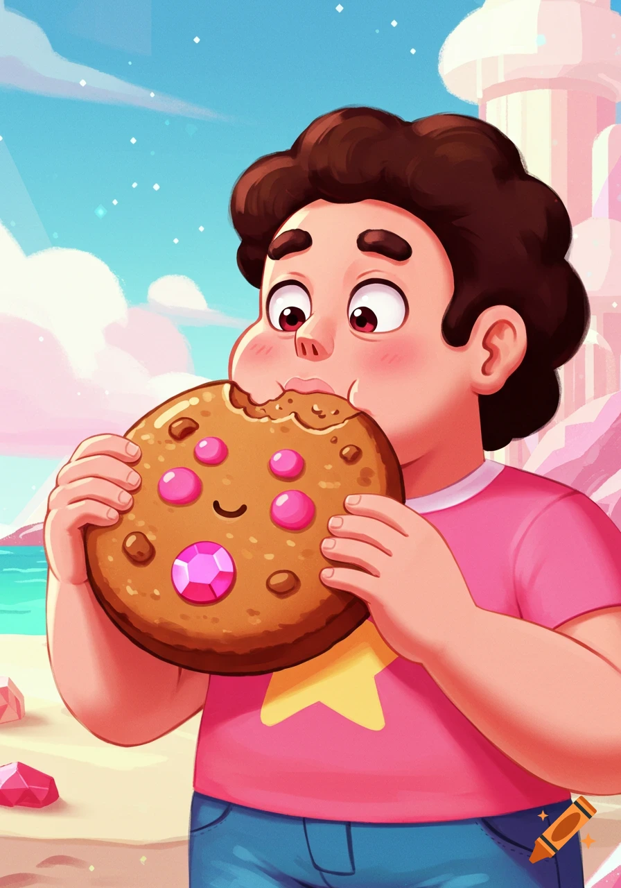 Steven Universe, a cartoon boy in a pink shirt, happily eats a large cookie decorated with pink gems and a smile, on a sunny beach.