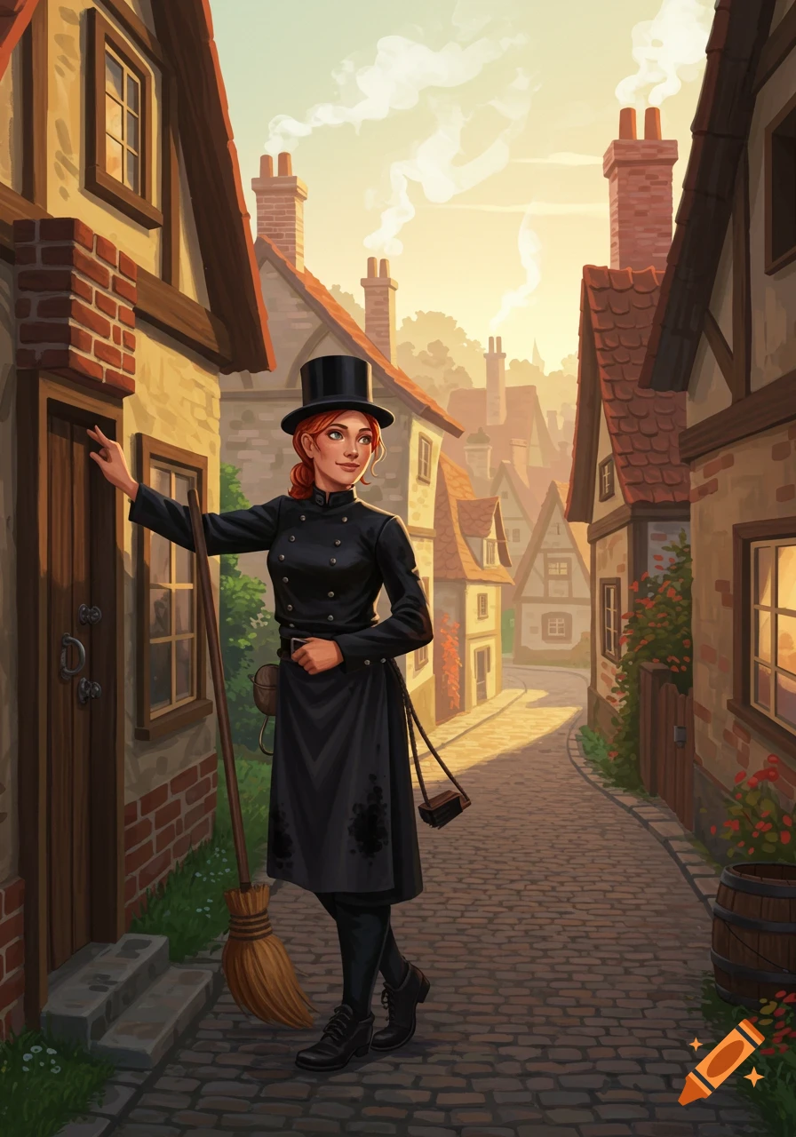 Illustrated woman chimney sweep in black, wearing a top hat, stands by a door on a cobblestone street in an old village at sunset.