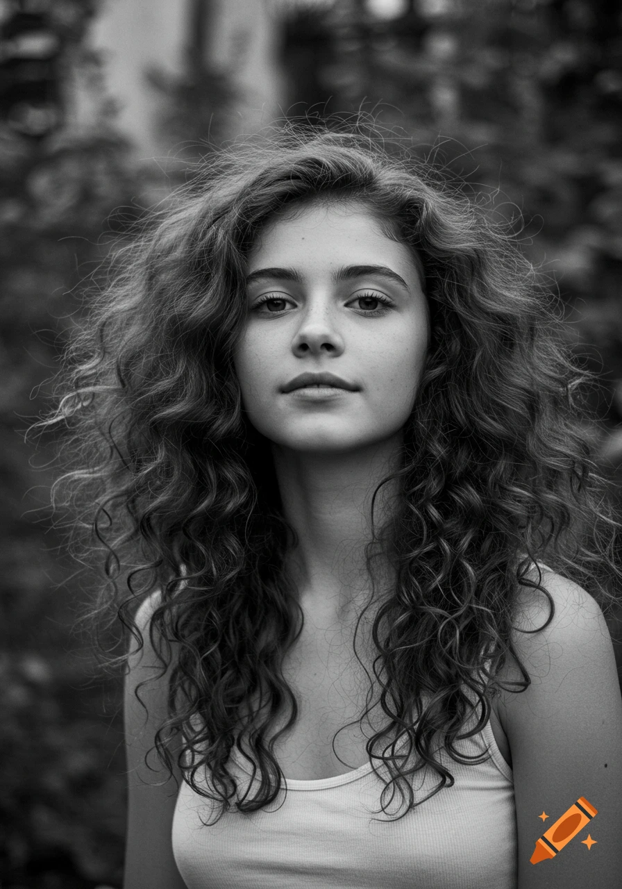 Black and white close-up portrait of a young woman with long, voluminous curly hair looking straight ahead.