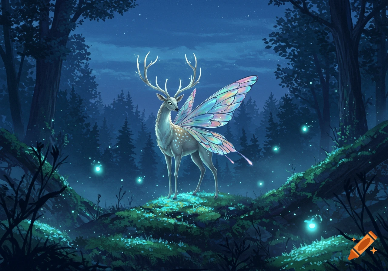 A magical deer with colorful butterfly wings and antlers stands in a glowing, moonlit fantasy forest with bioluminescent plants.