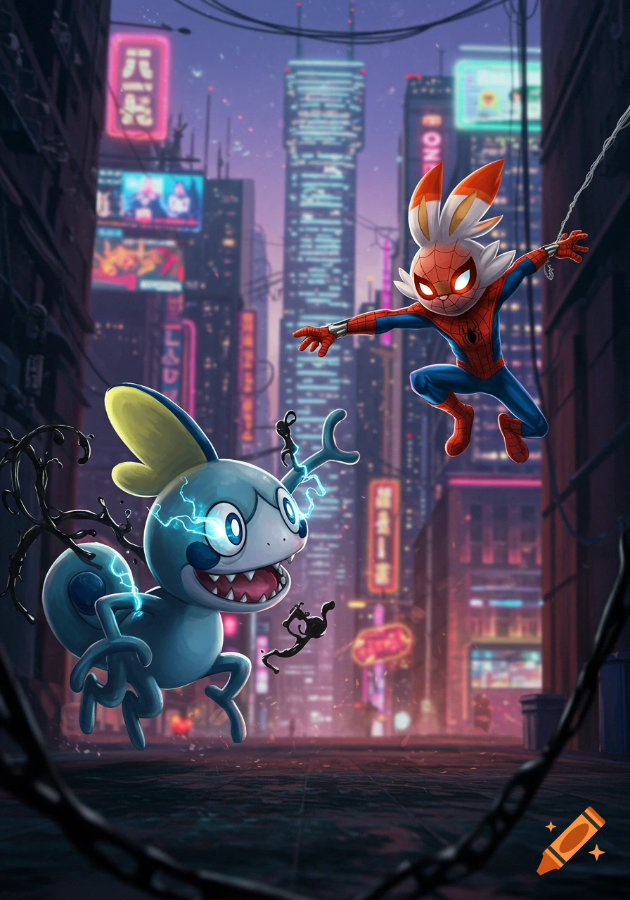 Venomized Sobble with tendrils and glowing eyes confronts Scorbunny as Spider-Man, swinging on a web in a neon-lit futuristic city alley.