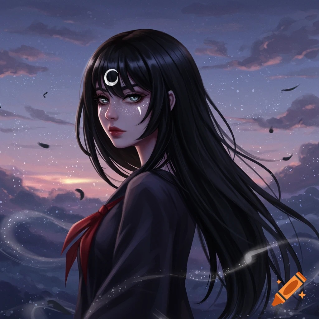 Digital painting of an anime girl with long black hair, a white crescent on her forehead, looking over her shoulder against a sunset sky.