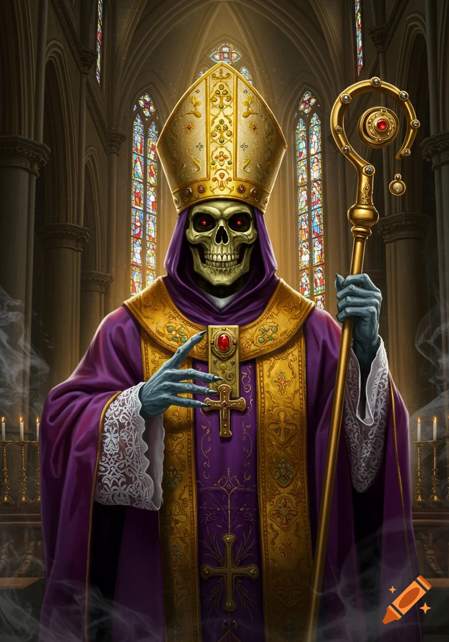 A skeletal figure in golden and purple papal robes and a mitre, holding a staff in a gothic church with stained glass windows.