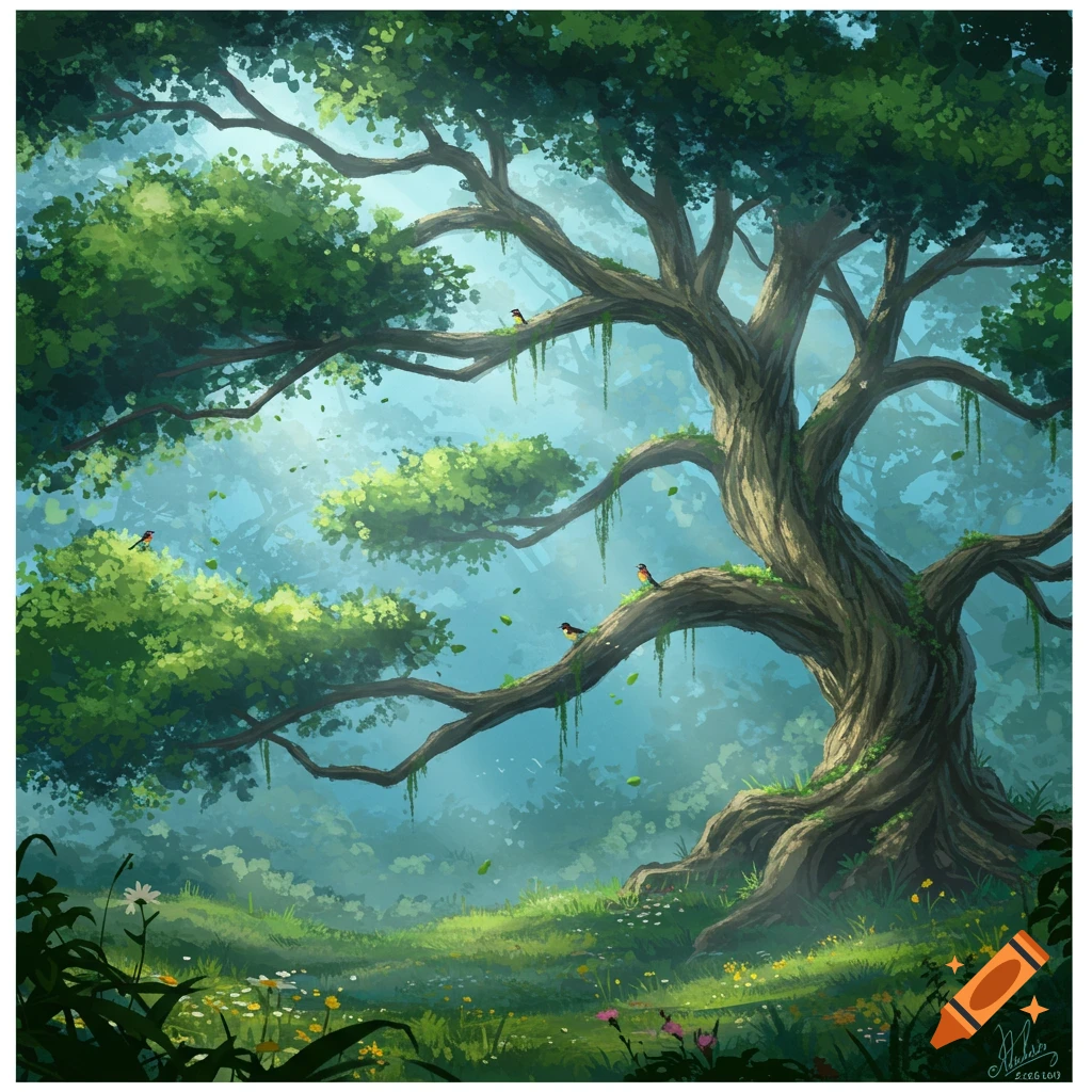 A majestic, ancient tree with lush green foliage and small birds, bathed in atmospheric light within a vibrant fantasy forest.