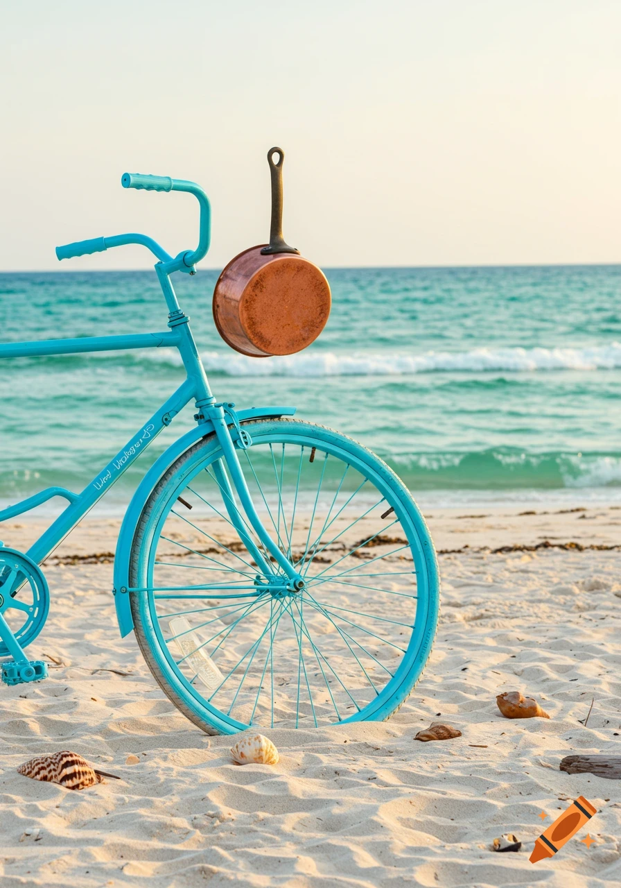 A vibrant blue bicycle with a copper pot hanging from its handlebars sits on a sandy beach next to the ocean.