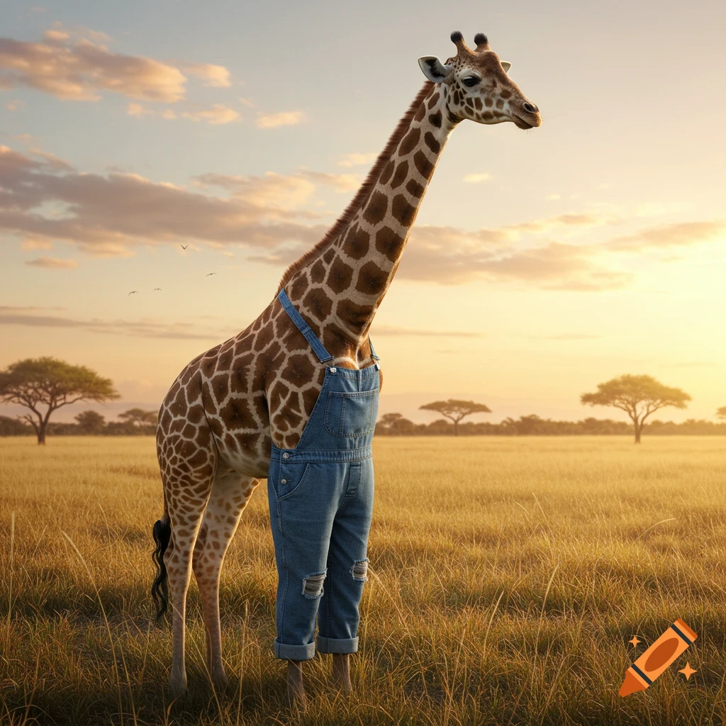 A photorealistic giraffe wearing blue denim overalls stands in a sunlit grassy savanna at sunset.