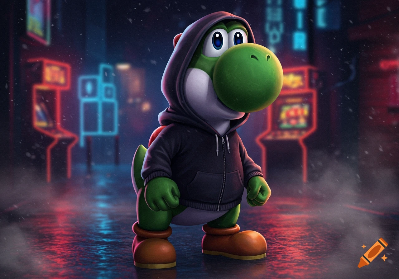 Yoshi in a dark hoodie stands on a wet, neon-lit street with blurred arcade machines in the background, digital art.