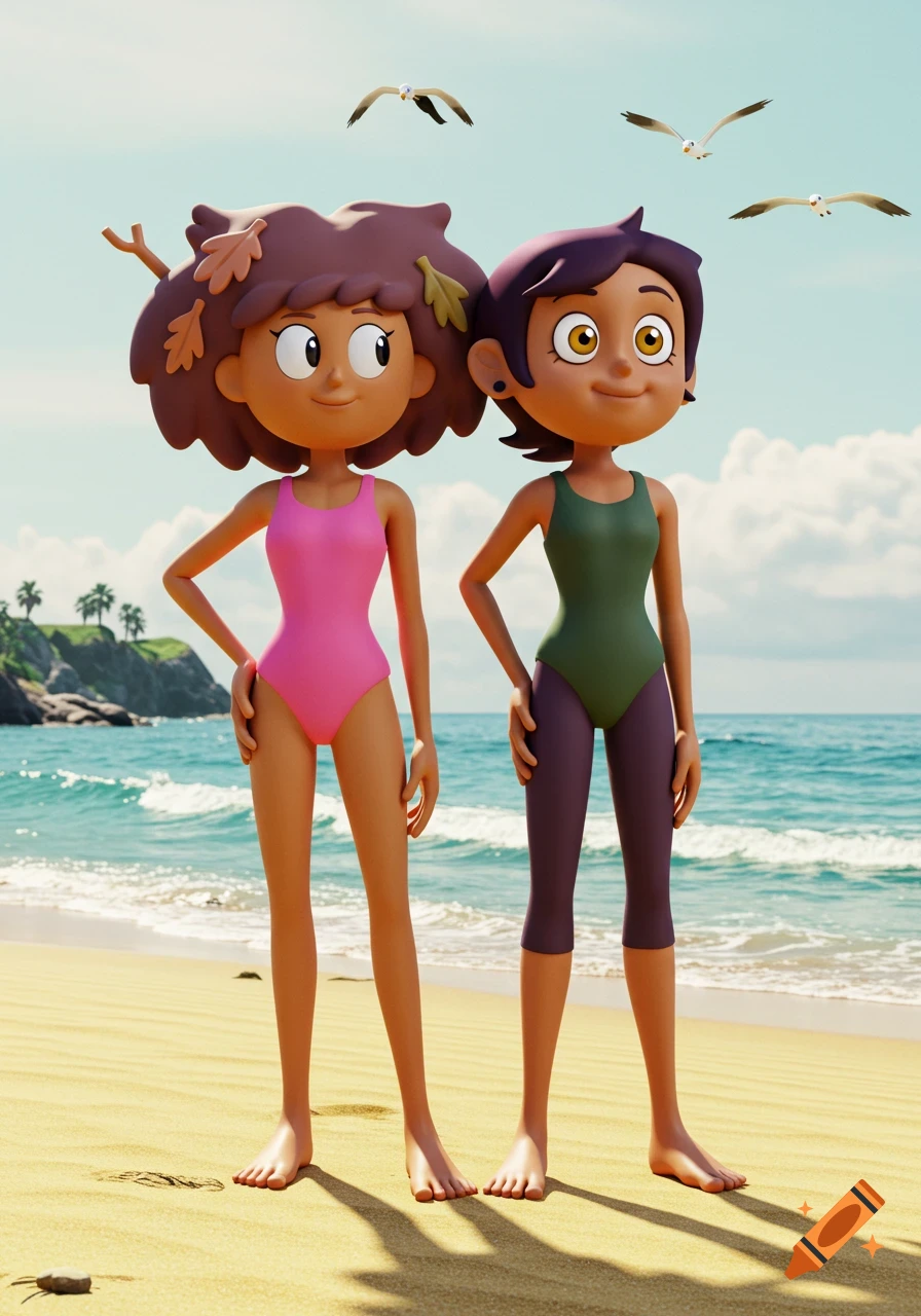 3D animated Anne Boochuy in a pink swimsuit and Luz Noceda in a dark green swimsuit and purple capris stand barefoot on a sandy beach.