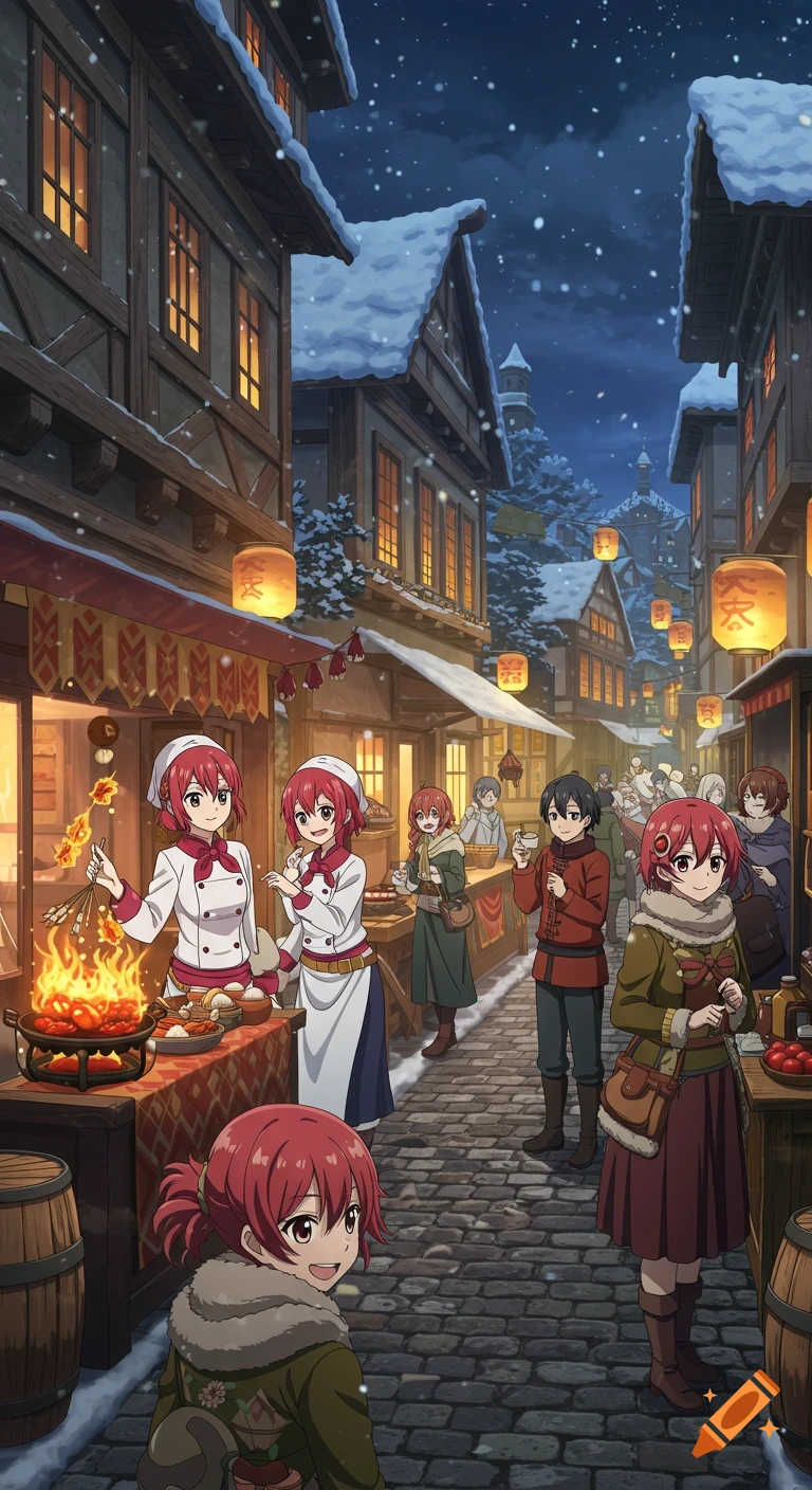 Anime-style snowy medieval town at night with a bustling street festival. People with red hair, red eyes, and warm clothes enjoy food cooked by chefs using fire.