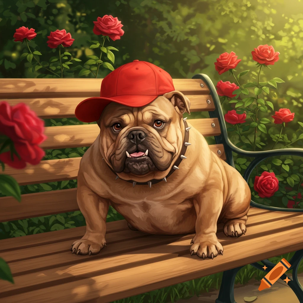 A cute bulldog wearing a red baseball cap sits on a wooden park bench surrounded by red roses in a sunny, illustrative style.