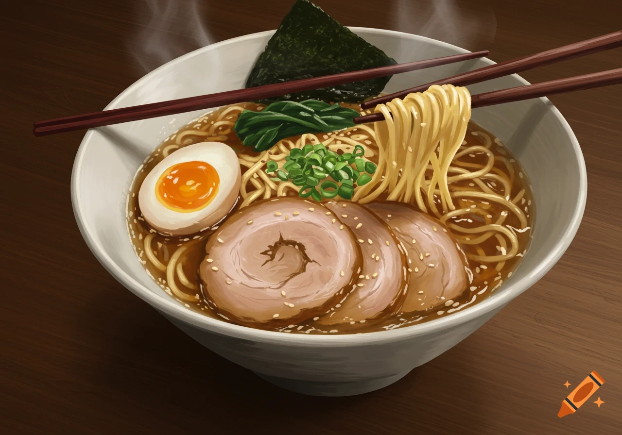 An illustration of a steaming bowl of ramen with pork slices, a soft-boiled egg, green onions, and chopsticks.