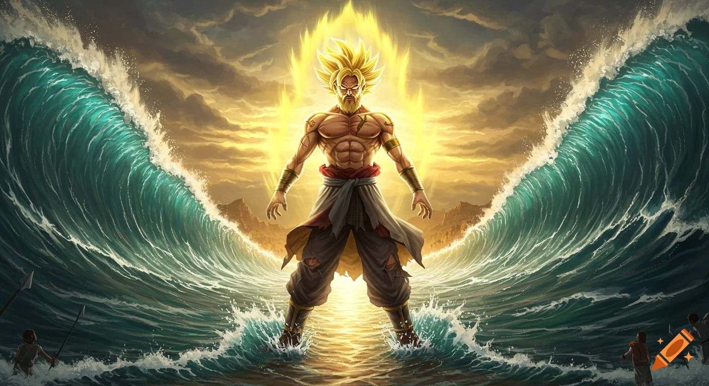 A powerful, bearded Super Saiyan Moses parts the Red Sea, standing on dry land with huge waves rising on either side under a dramatic golden sky.