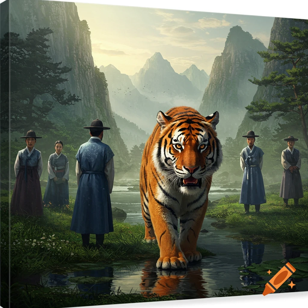 A massive tiger approaches through a stream in a mystical mountain valley, observed by several people in ancient Korean attire.