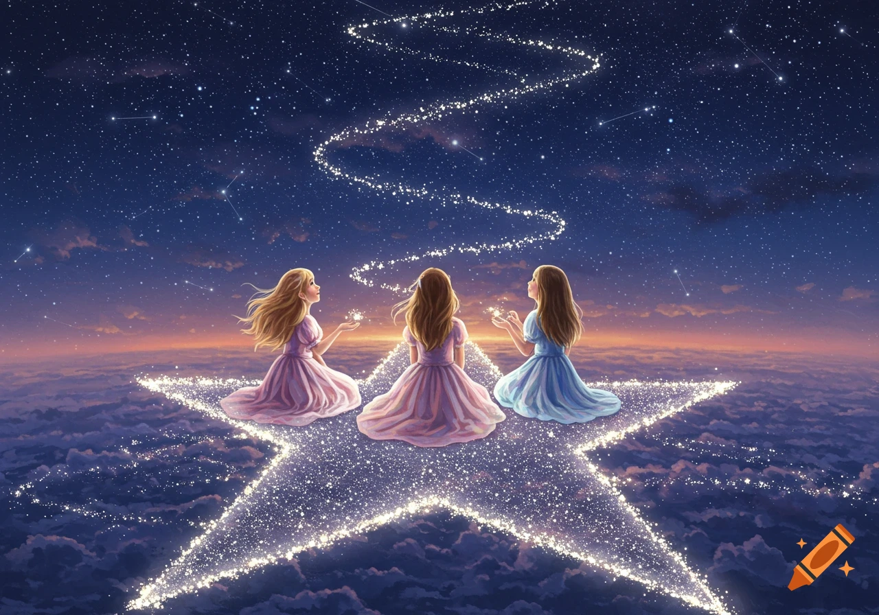Three girls in dresses sit on a luminous star pathway above clouds, gazing up at a starry night sky with a sunset horizon.