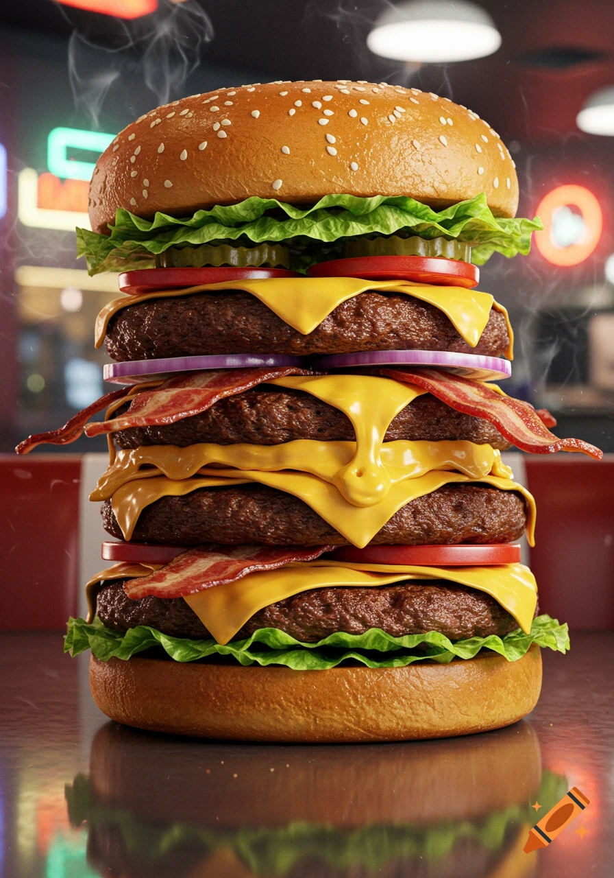 A towering multi-patty burger with cheese, bacon, lettuce, tomato, pickles, and onion on a sesame bun in a diner setting.