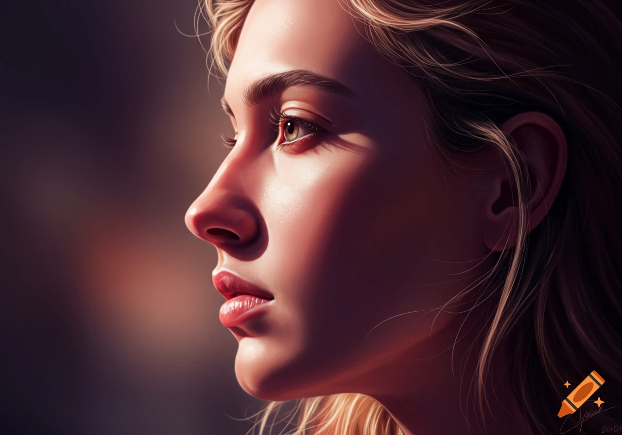 Close-up profile of a woman's face with warm light highlighting her features and hair, illustrative style.