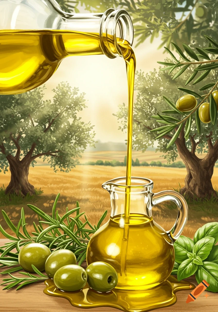 Olive oil pouring from a bottle into a pitcher, with green olives, rosemary, and basil, in an olive grove, illustration.