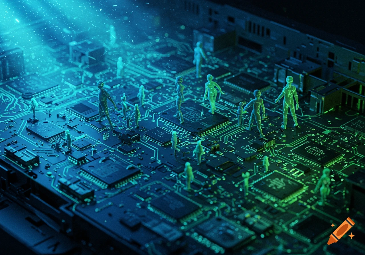 Miniature humanoid figures stand on a glowing blue and green circuit board, illuminated by a light ray.