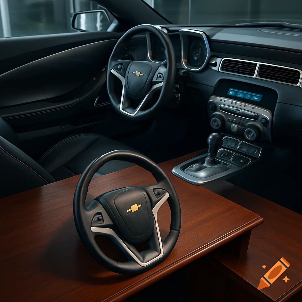 Photorealistic image of a Chevrolet Camaro interior with its steering wheel removed and placed on a wooden desk.