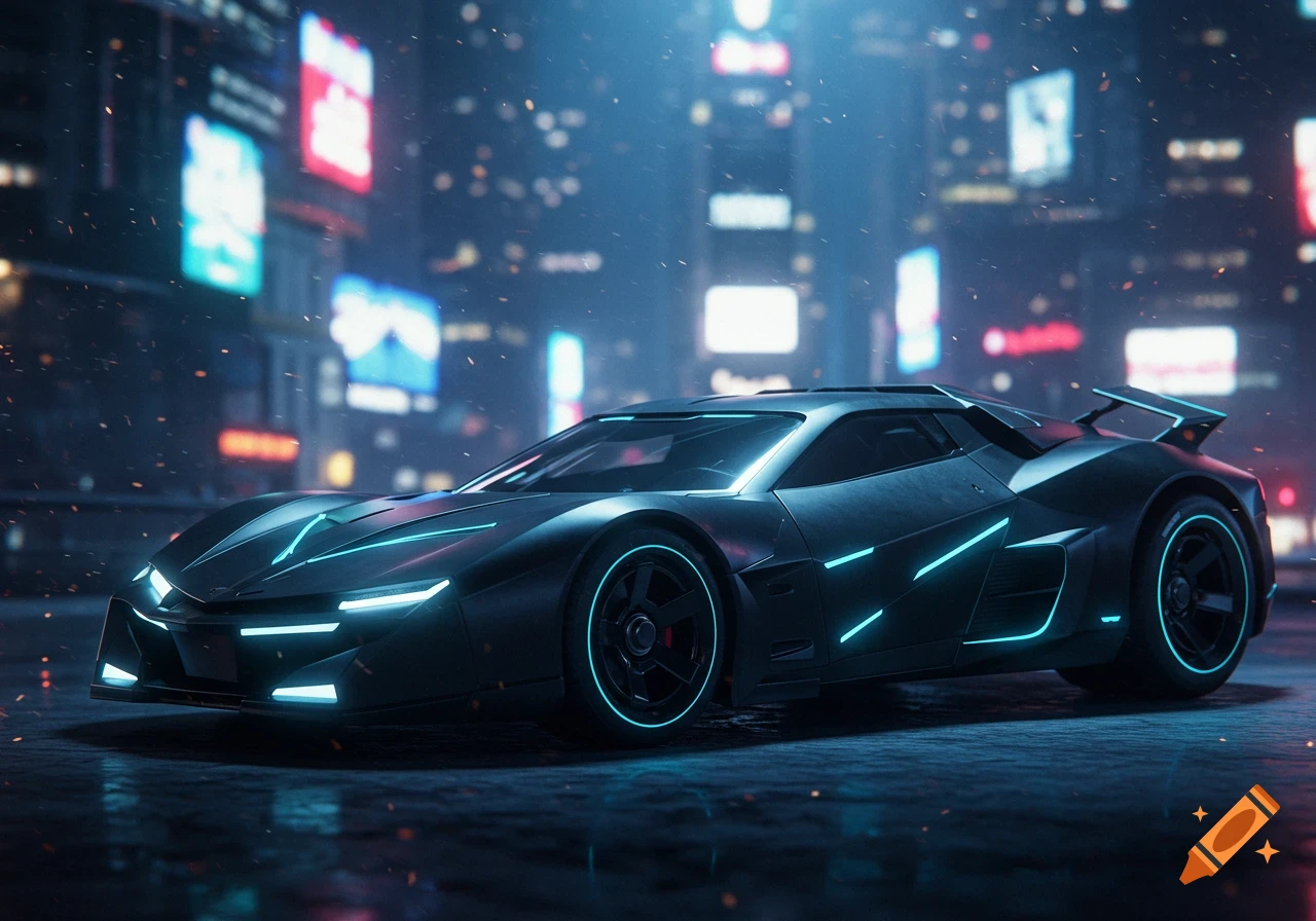 A sleek, dark futuristic sports car with glowing blue neon accents parked on a wet street at night, with a blurred neon city in the background.