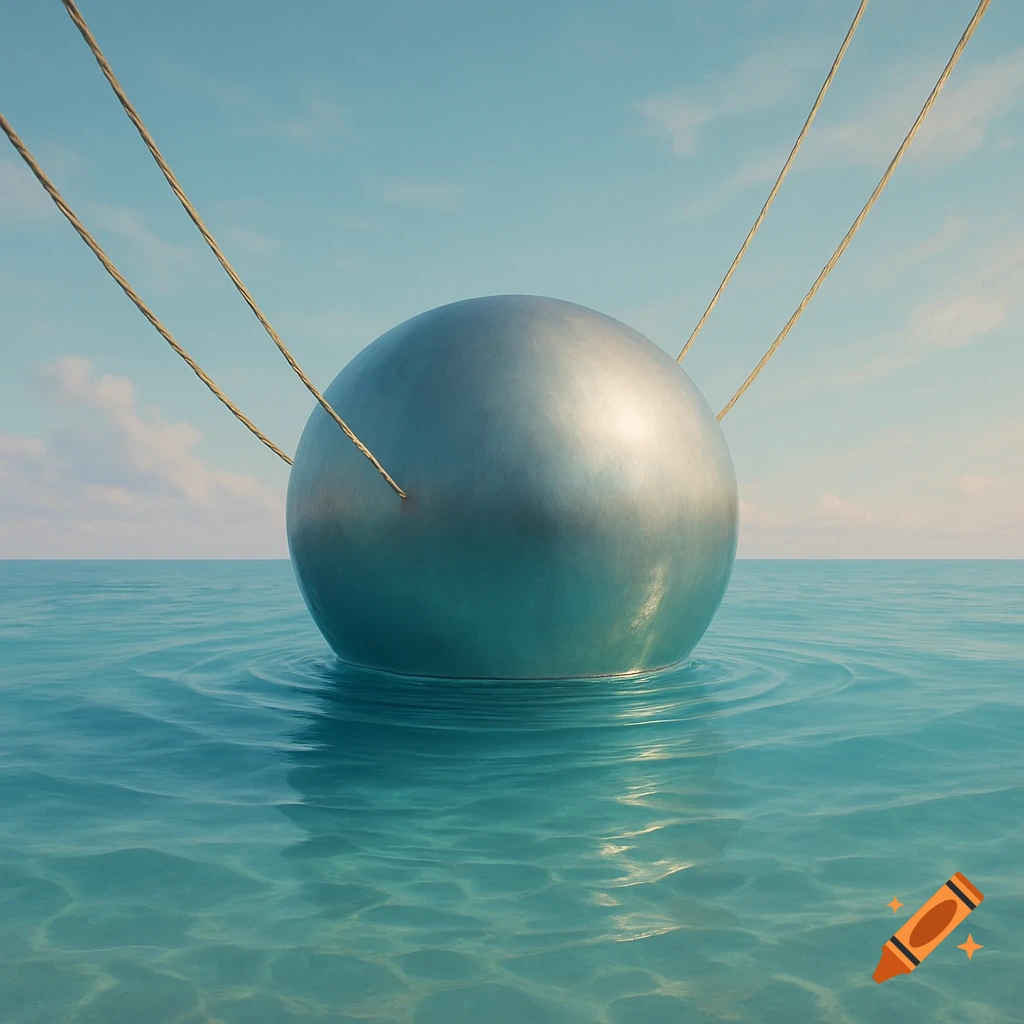 A large metallic sphere floats partially submerged in clear turquoise water, moored by thin cables under a light blue sky.
