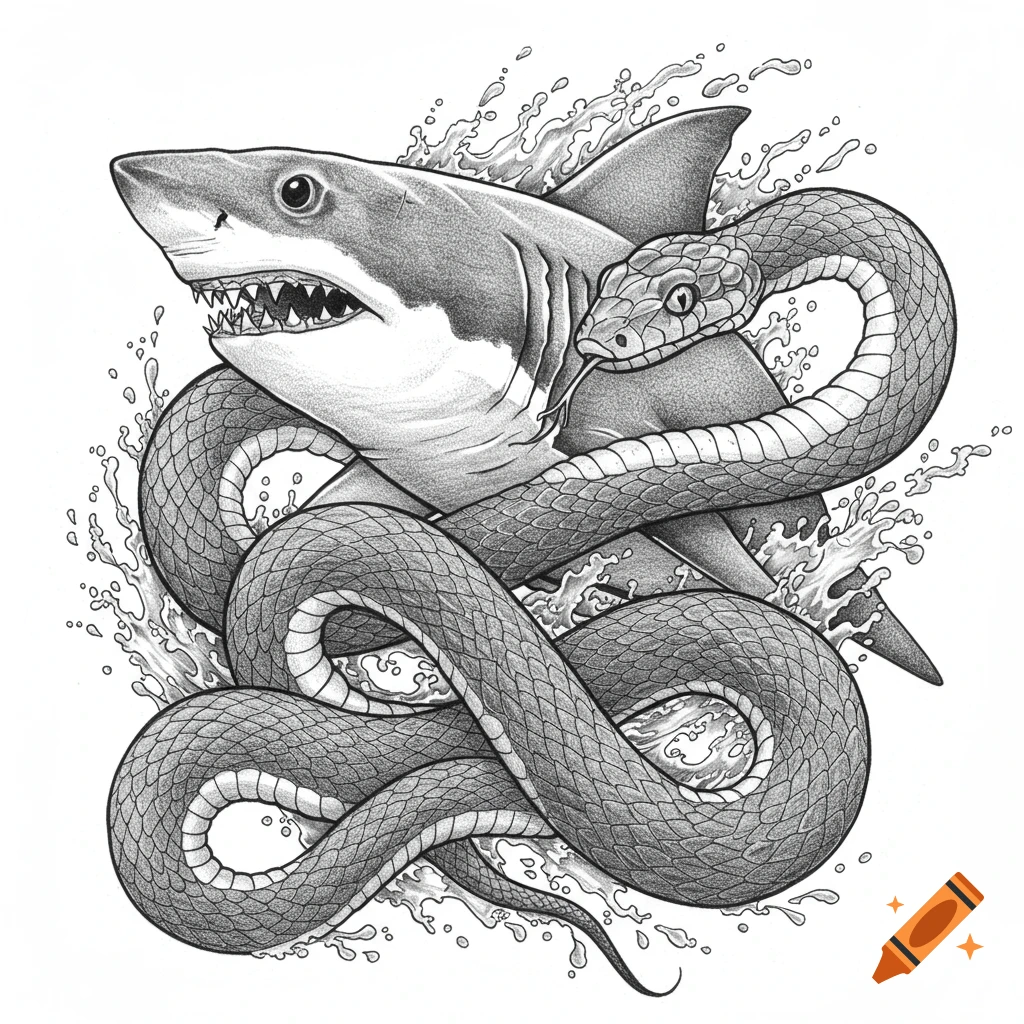 A detailed black and white drawing of a shark and a snake intertwined, with water splashing around them.