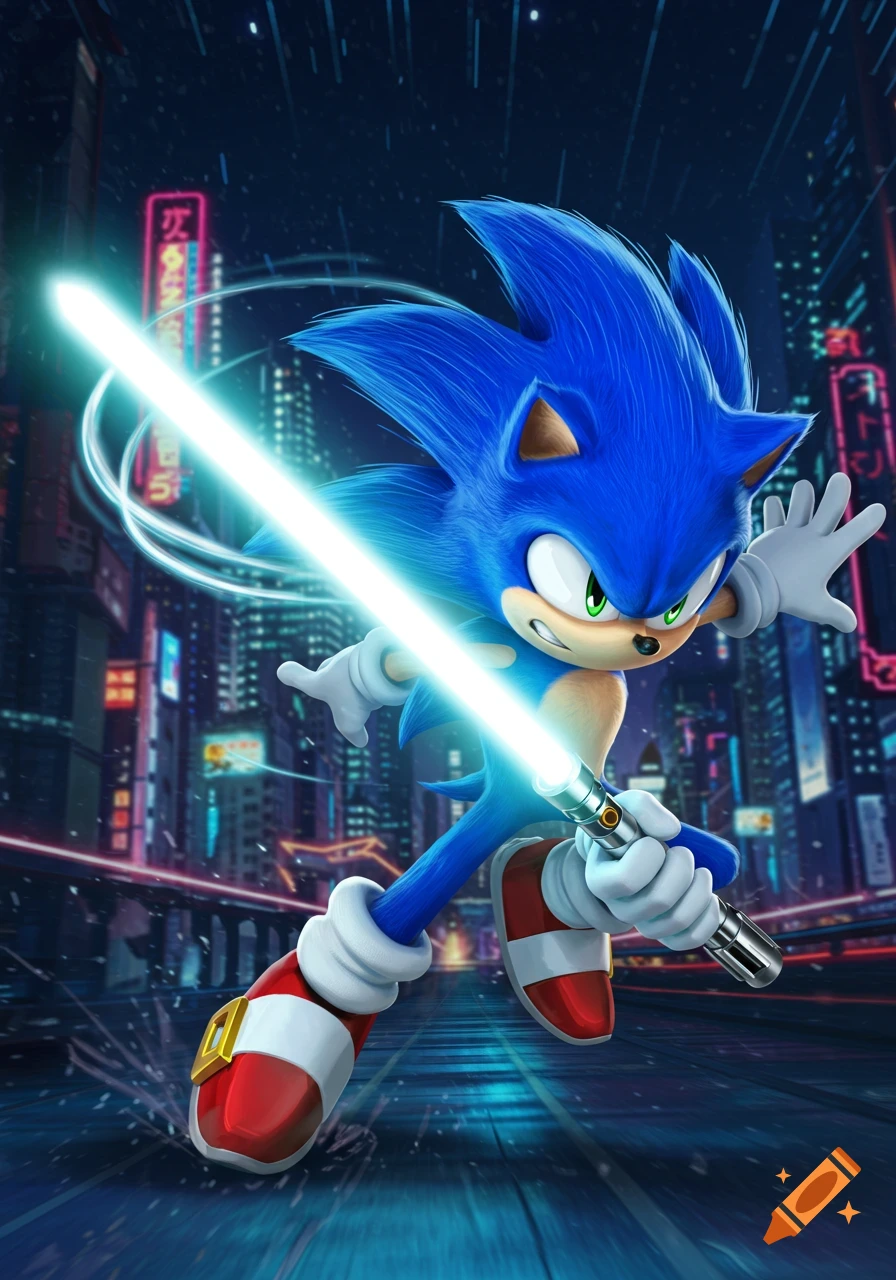 Sonic the Hedgehog holding a glowing lightsaber in a neon-lit futuristic city, digital art.