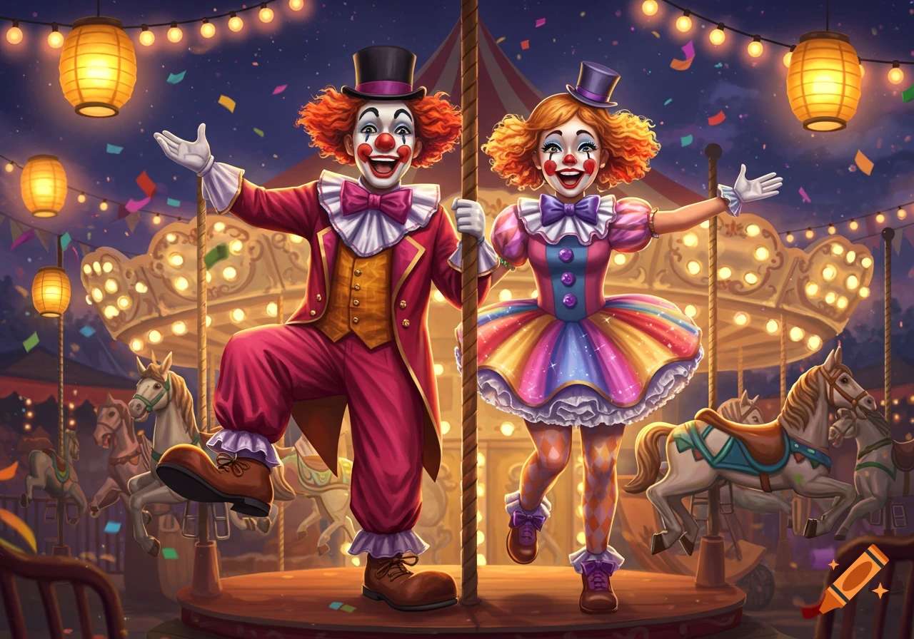 Two smiling clowns, a male and female, stand on a brightly lit carousel at a festive nighttime carnival with confetti.