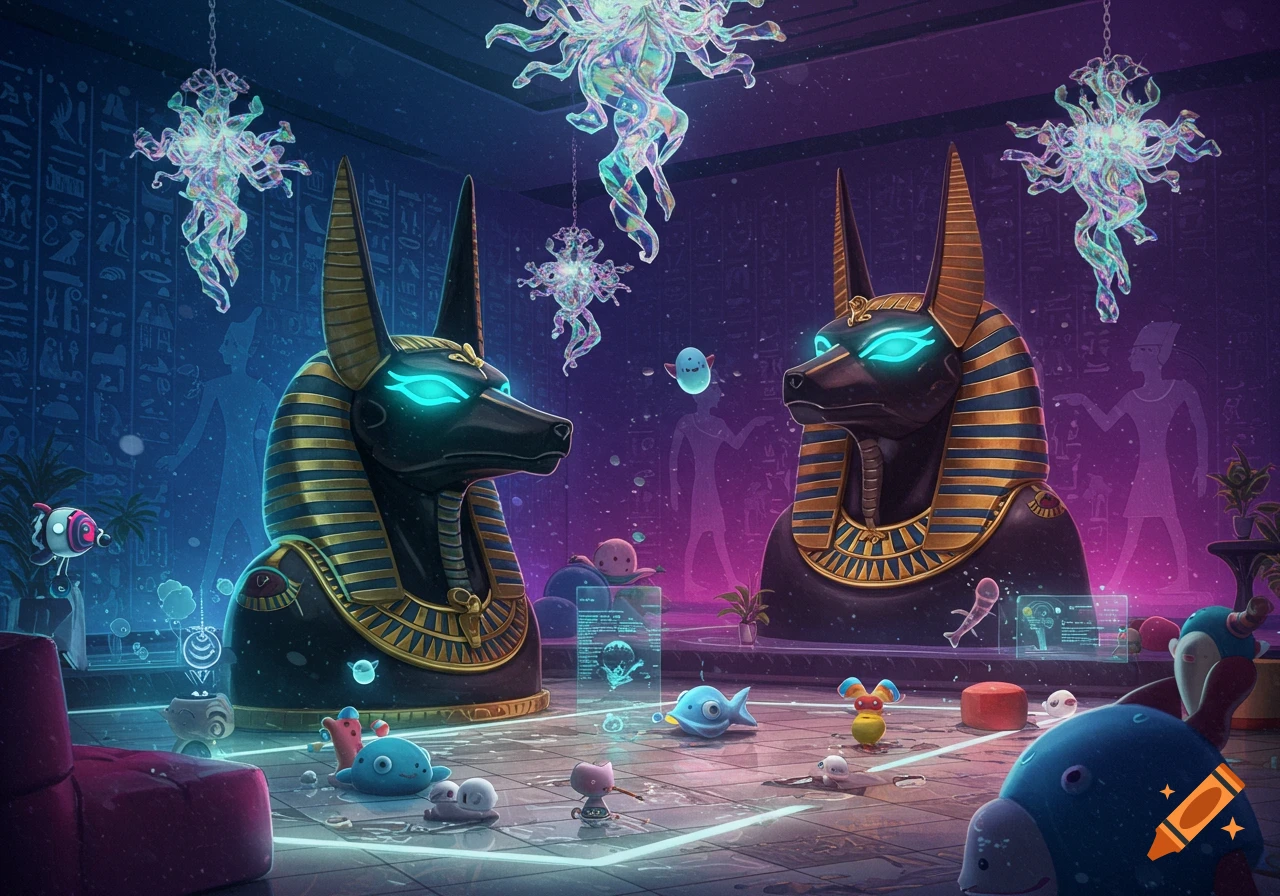 Two glowing Anubis busts face each other in a mystical room with hieroglyph-covered walls and abstract light fixtures, surrounded by numerous small, colorful, cartoonish creatures.