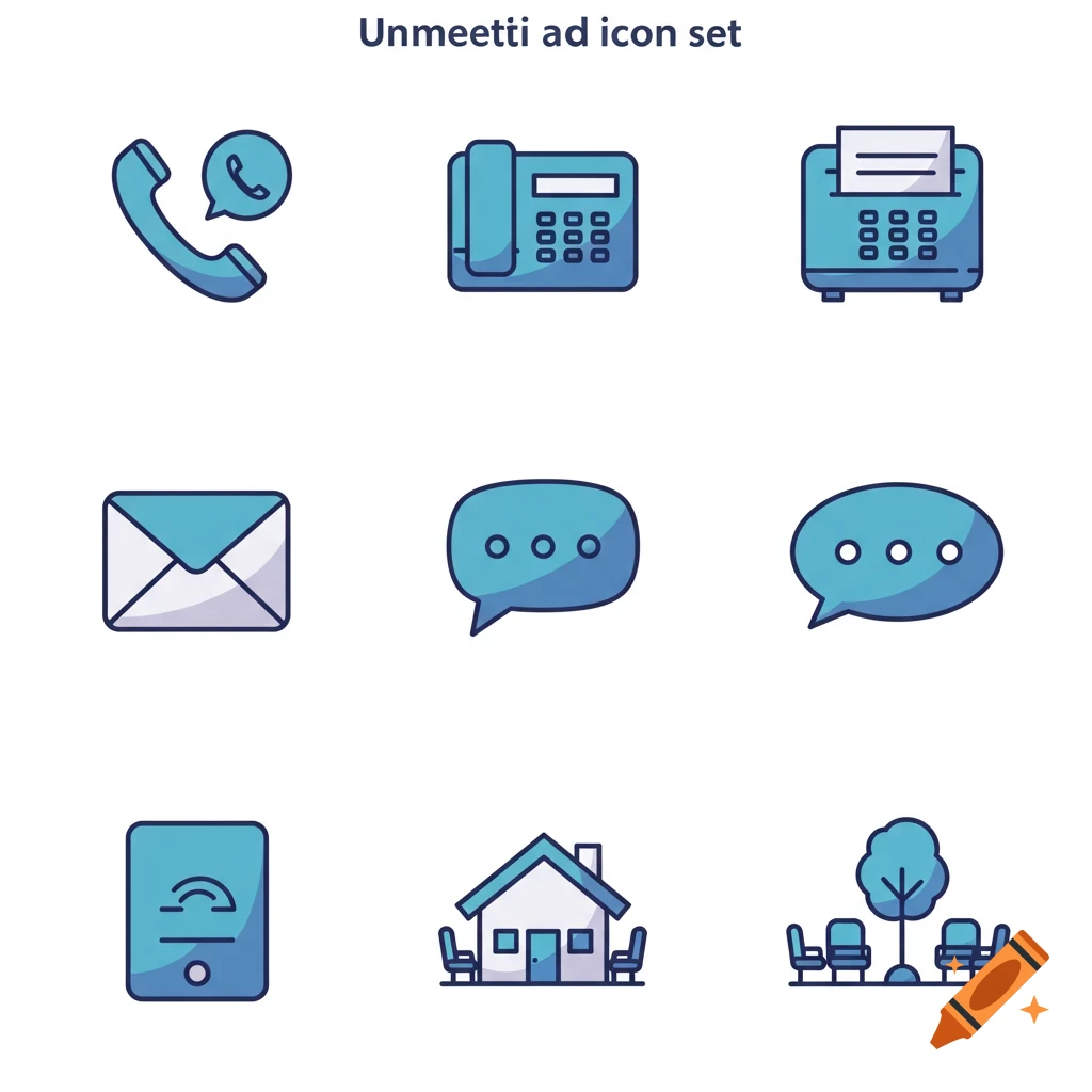 A grid of nine minimalist blue and white vector icons representing communication (phone, message, email, fax), a tablet, a house for indoor meetings, and an outdoor seating area.