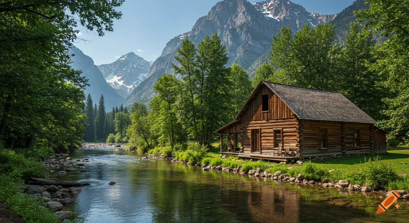 A photorealistic image of a rustic log cabin nestled by a clear river, surrounded by lush green trees with snowy mountains in the background.